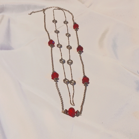 2 long Necklaces, Red Beads, Silver toned - Picture 6 of 8